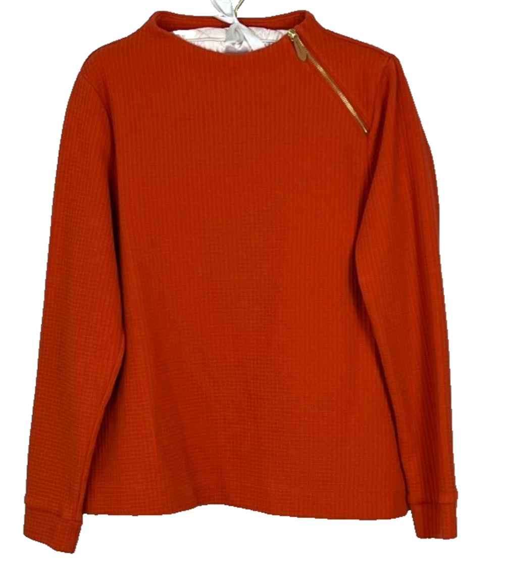 Talbots Sweater Womens L Long Sleeve Pullover Orange Zip Detail Funnel Neck